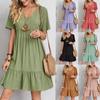 Women Vintage Mini Dresses Summer Solid Casual V Neck Ruffles Dress Ladies Boho Loose Beach Party Elegant Dresses