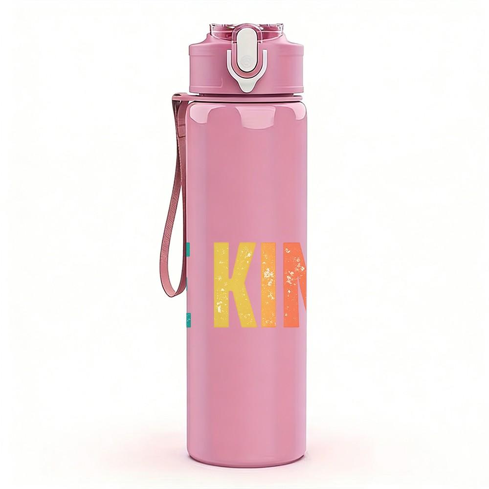 1PC Be Kind Multicolor Retro Letter Print 750ml Color Plastic Sports Water Bottle Leakproof Flip Straw Lid Suitable for Sports Office Home Use
