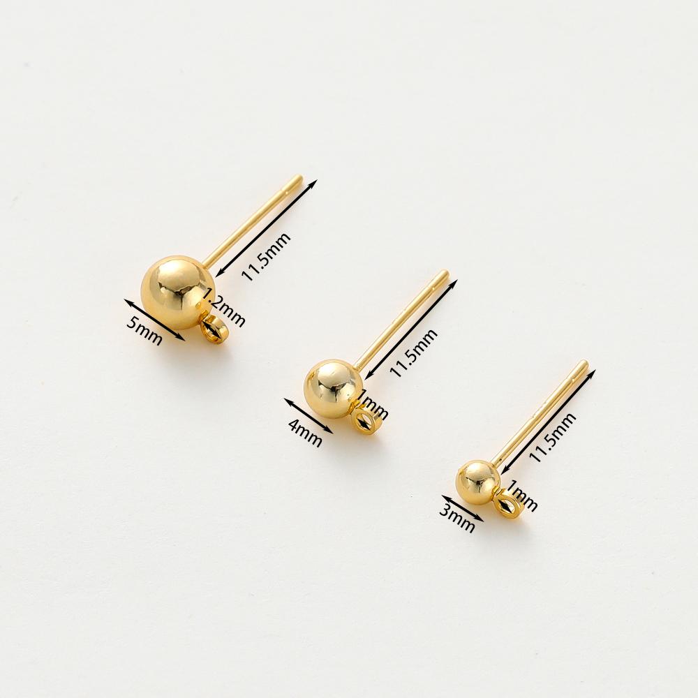 14K 18K Gold Plated Round Ball Ear Post With Loop Studs Earrings Backs Plug Ear Pins Ball Needles For Diy Jewelry Making Finding