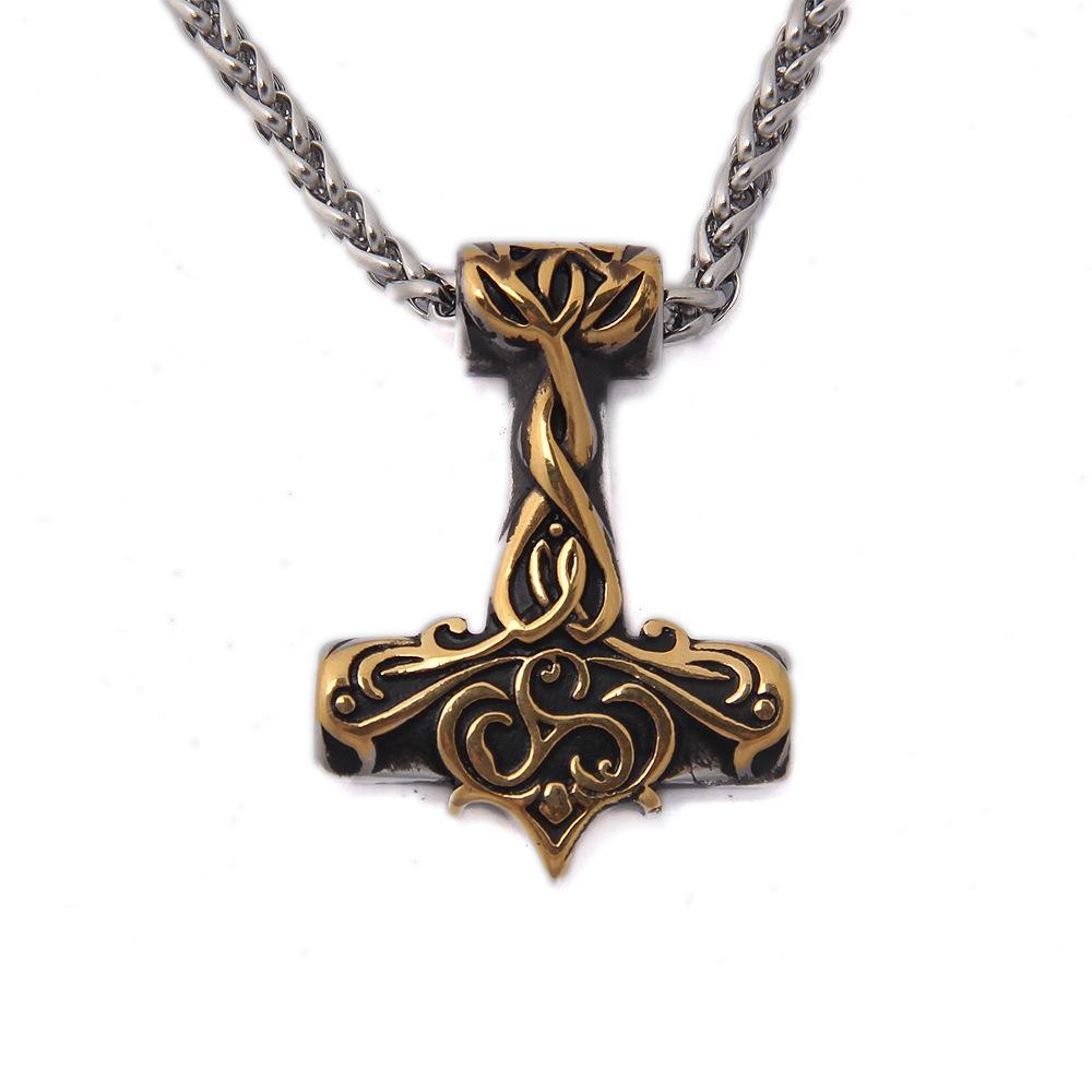 Ожерелье Молот Тора из нержавеющей стали - Подвеска с руной викингов с золотыми акцентами для мужчин и подростков, скандинавская панк-бижутерия, амулет