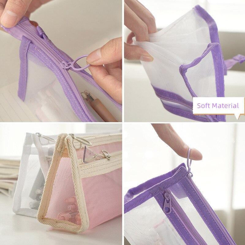 Large Capacity Simple Color Pencil Case Student Exam Series Hand Account Net Yarn Transparent Stationery Storage Supplies Bag