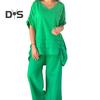 2Pcs/Set Women Casual Outfit O-neck 3/4 Sleeve Mid-length Tops Elastic Waist Wide Leg Long Pants Set Solid Color Loungewear
