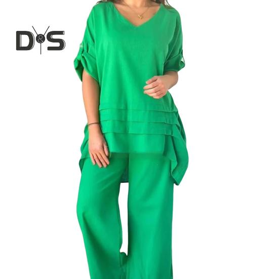 2Pcs/Set Women Casual Outfit O-neck 3/4 Sleeve Mid-length Tops Elastic Waist Wide Leg Long Pants Set Solid Color Loungewear