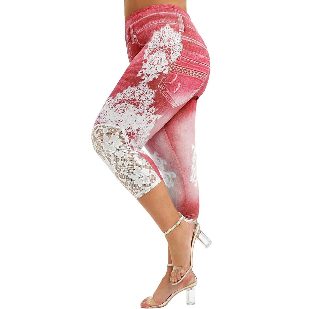 Fashion Women Plus Size Lace Printing Splice Elastic Waist Casual Leggings Pants