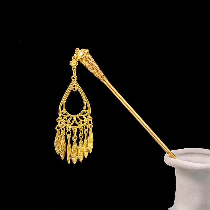 Hollow Geometric Tassel Hairpin for Women - Ethnic Style with Water Drop Leaf Round Design, Hanfu Accessory