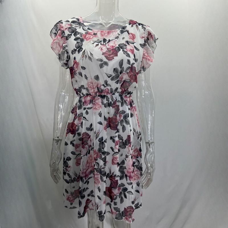 IHUASU Summer Holiday Style Ruffle Short Sleeve Chiffon Printed Rose Dress
