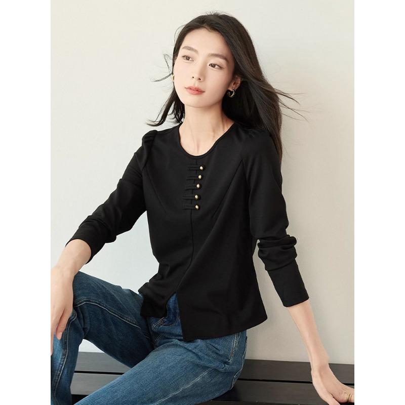 New Chinese Style Long-sleeved T-shirt for Spring New Women's Small Slit Loose Lazy Top