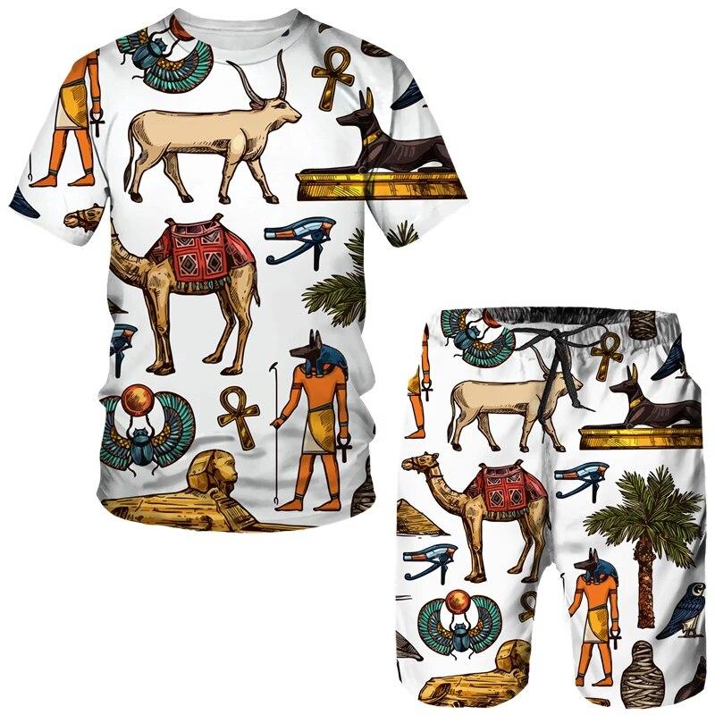 Мужская спортивная одежда из двух предметов, древнеегипетская футболка с 3D принтом, шорты фараона, уличная одежда для пар, летняя новинка