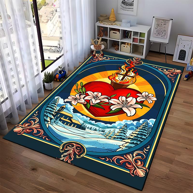 Sacred Heart with Floral Motif Design Non-slip rug suitable for living room and bedroom sofas.