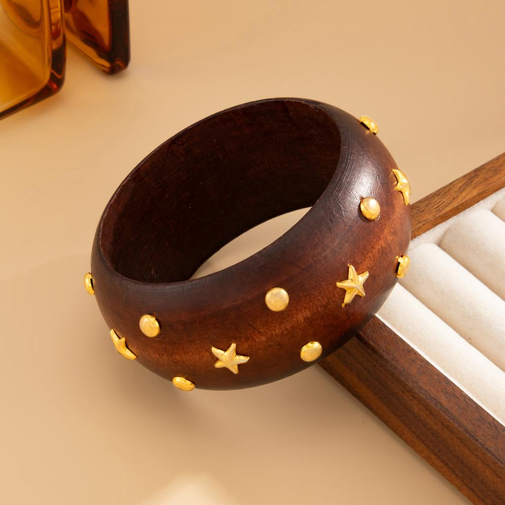 Ретро Мода Пятиконечная Звезда Клепка Деревянный Браслет Манжеты Y2k Панк Стиль Геометрический Винтажный Браслет Ювелирные Изделия Мода Хип-хоп Гранж Pulseras Mujer