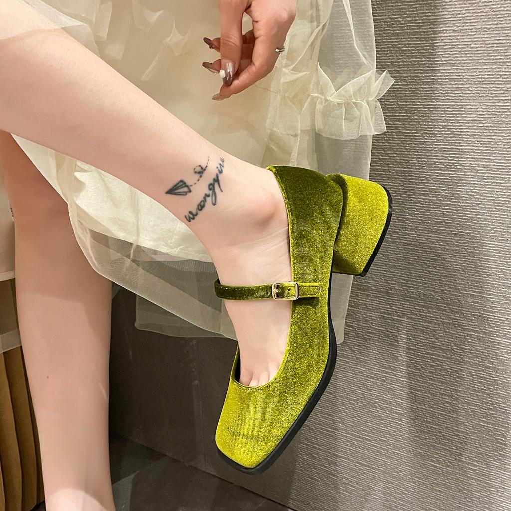 Mary Janes Shoes Female Golden Velvet New Square Toe College Style Casual Pumps Shallow Buckle Shoes High Heel Shoes