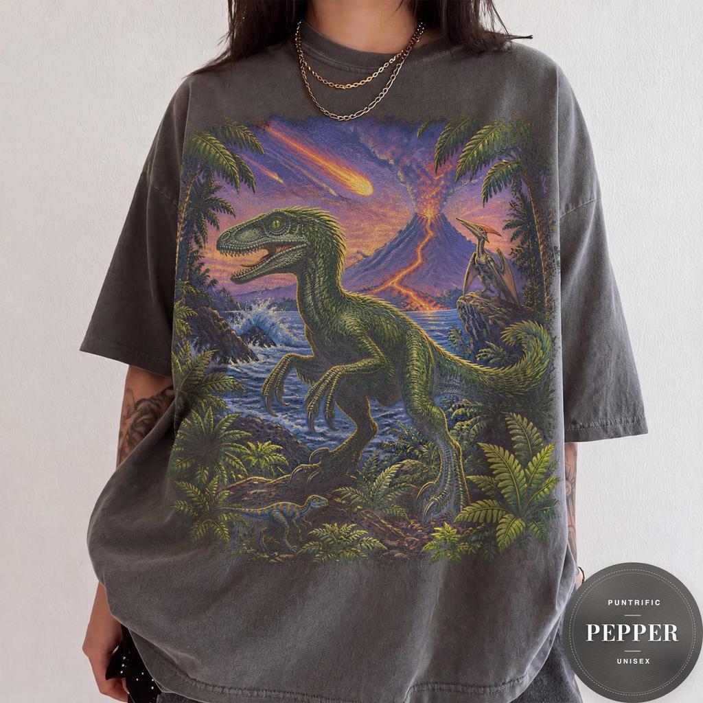 Vintage Velociraptor Graphic Tee, 90s Dinosaur Shirt, Retro Raptor T-Shirt, Paleontology Science Lover Gift, 80s Dino Tee, Blacklight Shirt