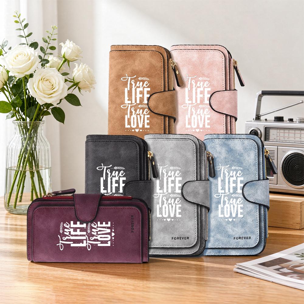 Women Long Wallet True Life True Love Letter Print Multi Card Holder Zipper Purse