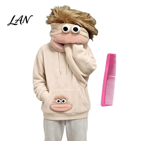 Unisex Casual Sweatshirt Big Mouth Creature Flannel Hoodie with Comb, Men Women Oversized Hooded Long Sleeve Sweatshirt, Thickened Plush Pullover Top