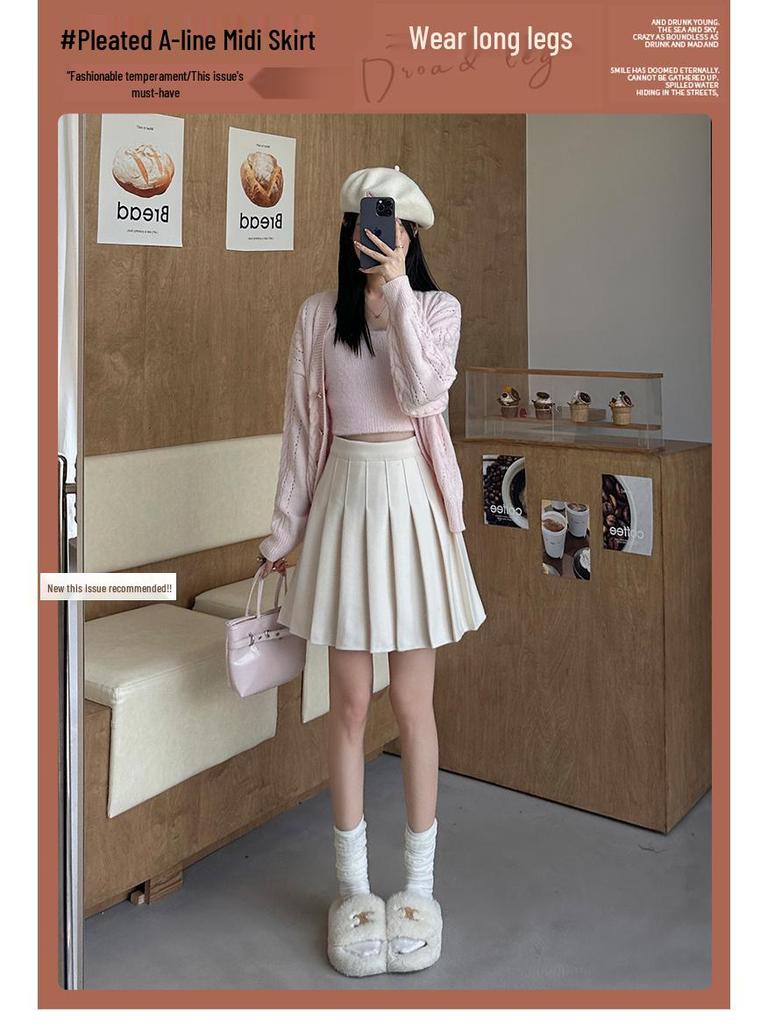 Приталенная юбка А-силуэта с высокой талией и плиссировкой из смесовой шерсти - от маленького до большого размера, осень/зима, стиль College JK, удлиненная миди-длина.