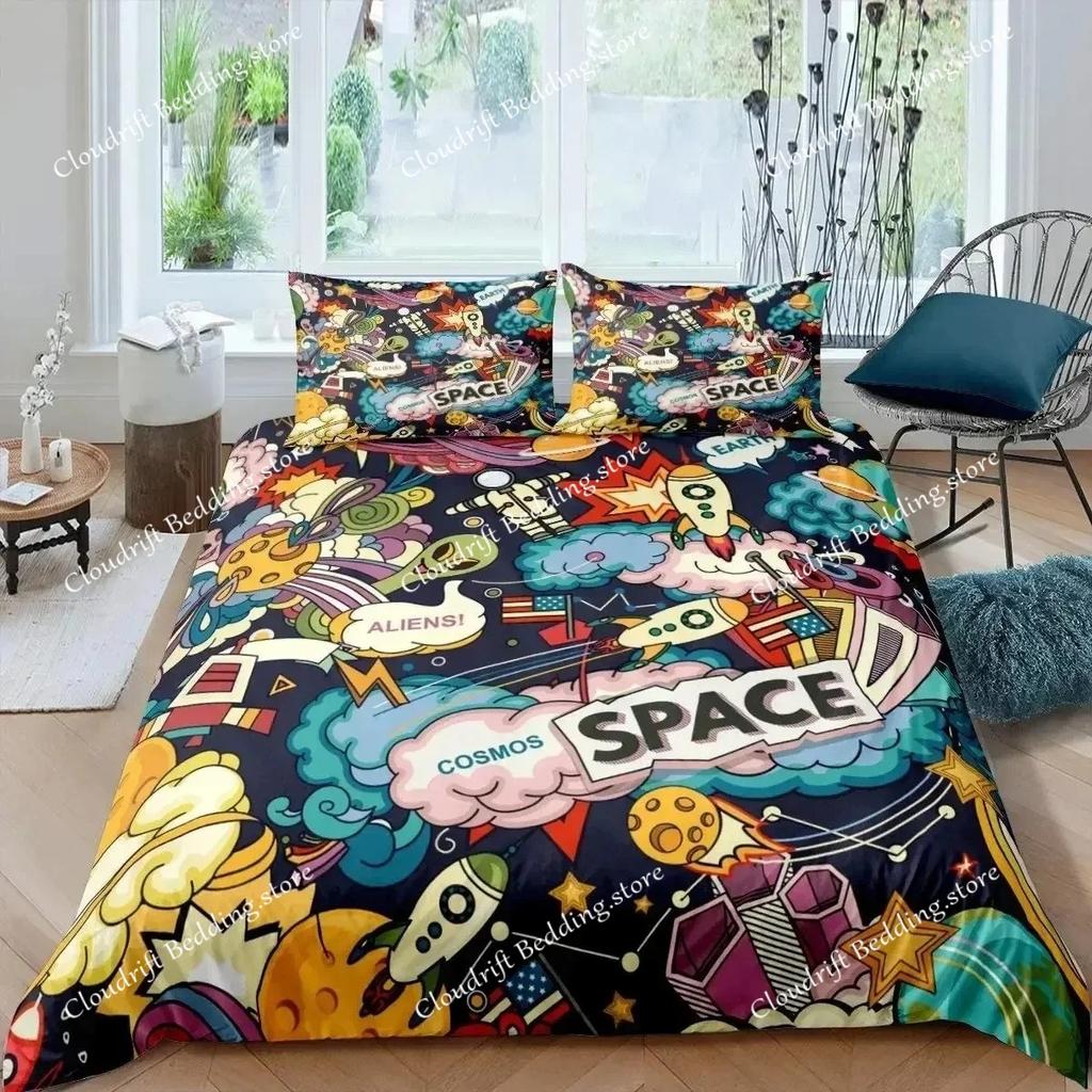 Комплект постельного белья «Ракета» King Size, комплект постельного белья «Космический корабль», микрофибра, космический корабль, звезды, планета, мультяшный стиль, пододеяльник