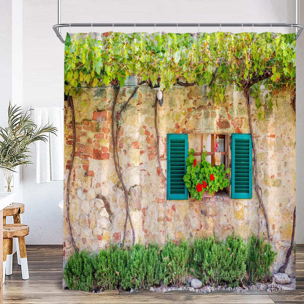 Green Vines Brick Wall Shower Curtain Pink Flowers European Garden Arch Door Bathroom Decorations Vintage Bath Curtain with Hook