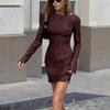 Pleated Textured Sexy Slim Fit Mini Dress Women Autumn Winter Solid O Neck Ruched Long Sleeve Package Hip Party Dresses