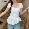 Women Puff Sleeve Slim Waist Ruffled Casual Blouse
