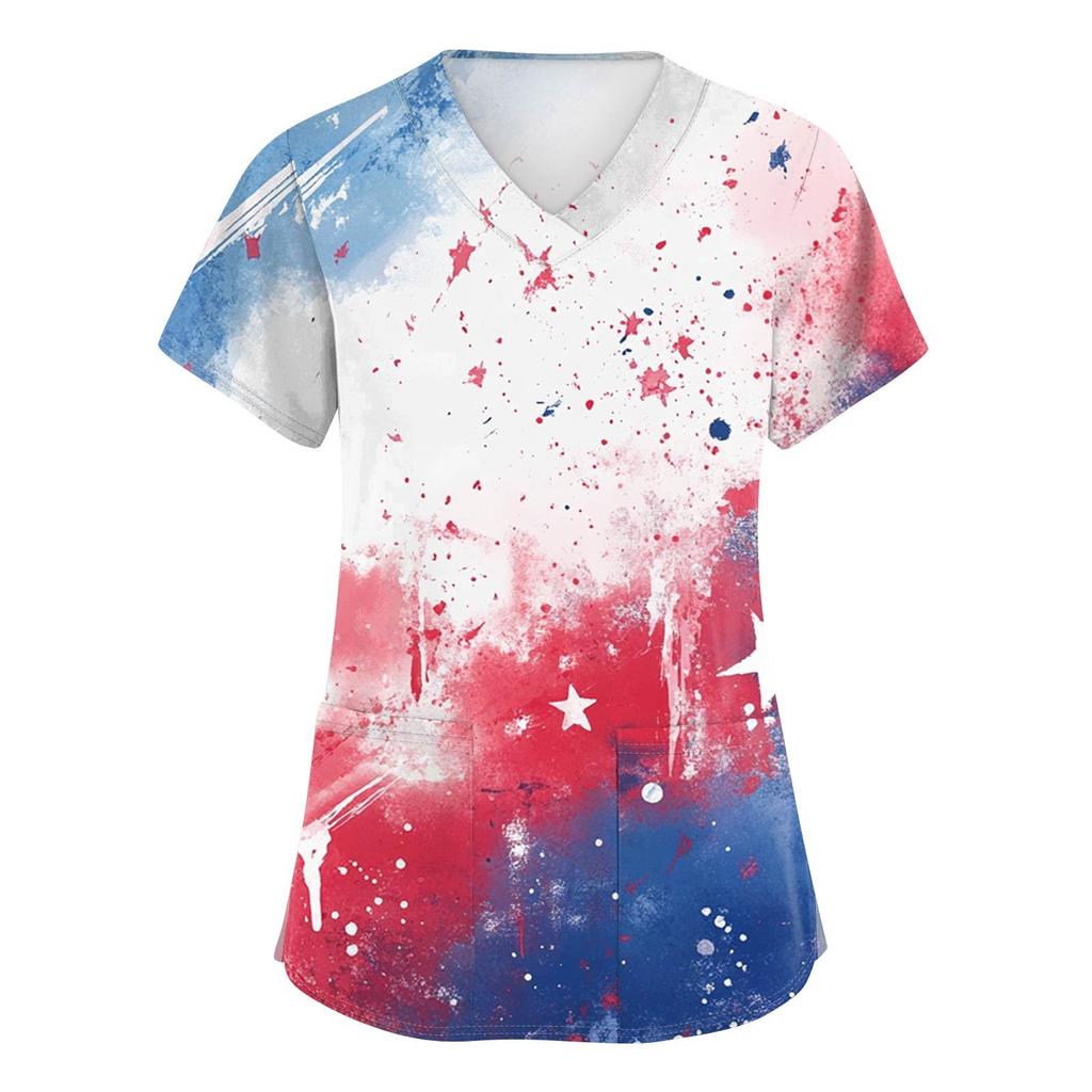 Women's Short Sleeve Independence Day Printed V-Neck Pocket Workwear Top