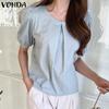 Women Summer Round Neck Puff Short Sleeve Pleated Blouses