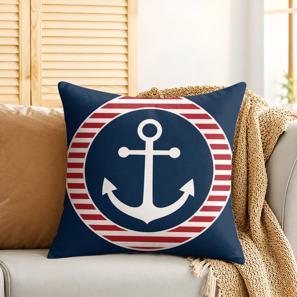 Navy Blue Nautical Ocean Boat Anchor Cushion Cover Silky Short Plush Invisible Zipper Dustproof Sofa Pillow Case For Home Decor
