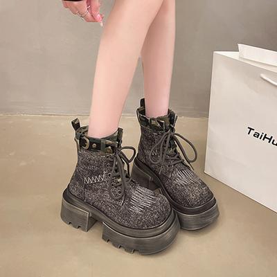 Новые женские рабочие короткие мотоциклетные ботинки на толстой подошве с высокой посадкой, ретро-джинсовые ковбойские ботинки на шнуровке для женщин