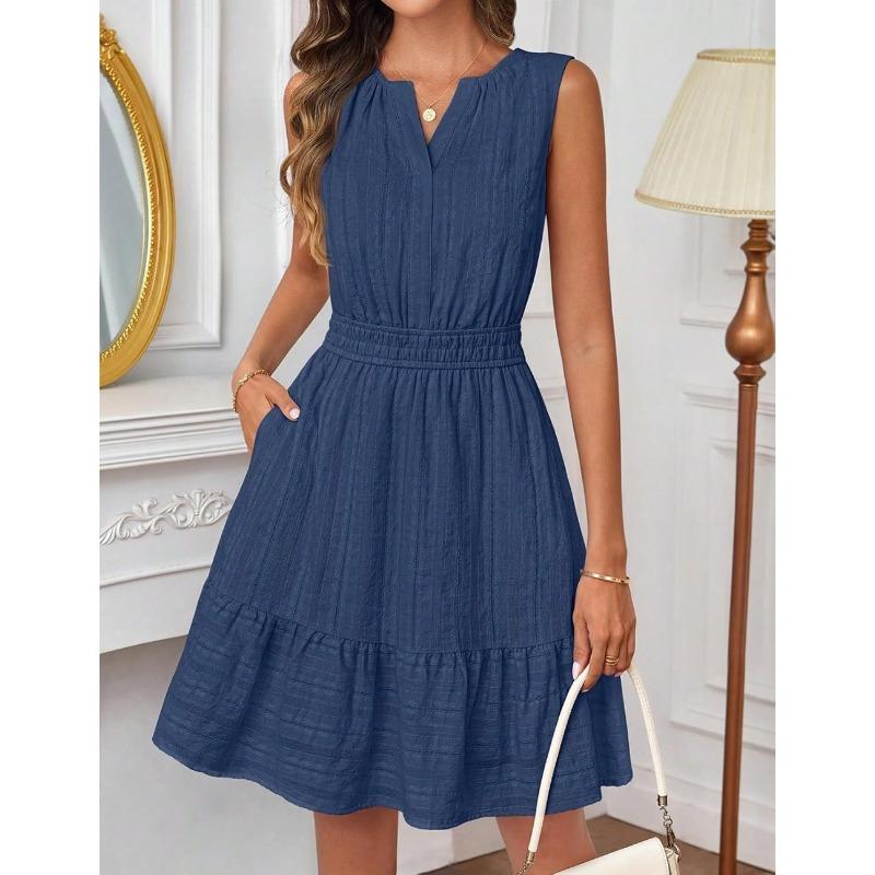 HNXC Women's Fashion Summer Spring V-Neck Sleeveless Solid Color Print Casual Dresses Classic Exquisite Classic Exquisite