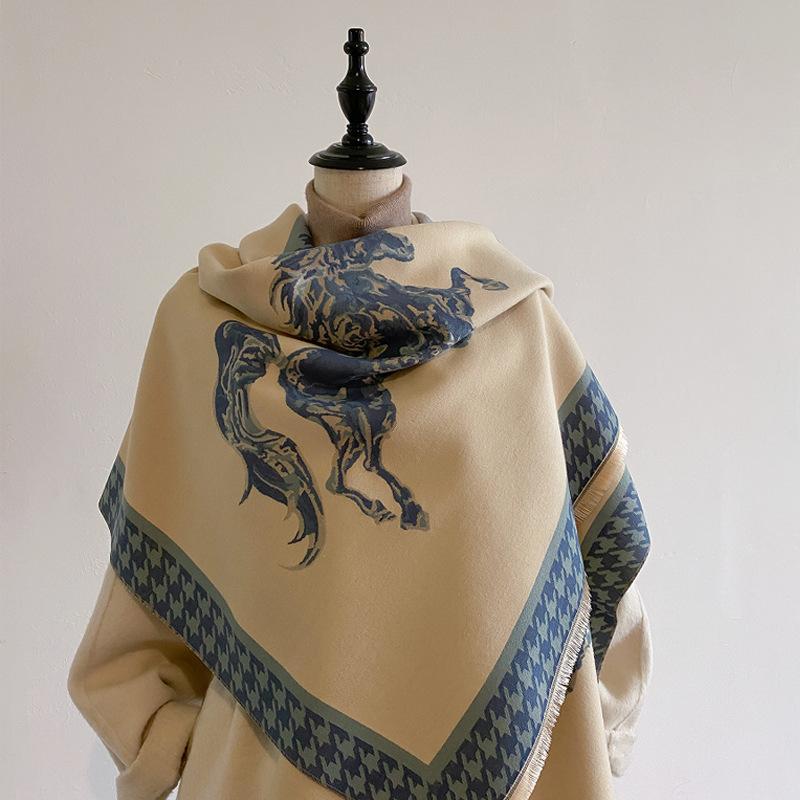 Elegant Vintage Carriage Jacquard Scarf for Women, Dual-Use Reversible Air Conditioning Shawl, Neck Protector Scarf with Fringe