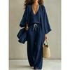 Women 3 Piece Linen Outfit Kimono Sleeve Open Front Cardigan V Neck Cami Top Drawstring Wide Leg Pants Boho Beach Matching Set