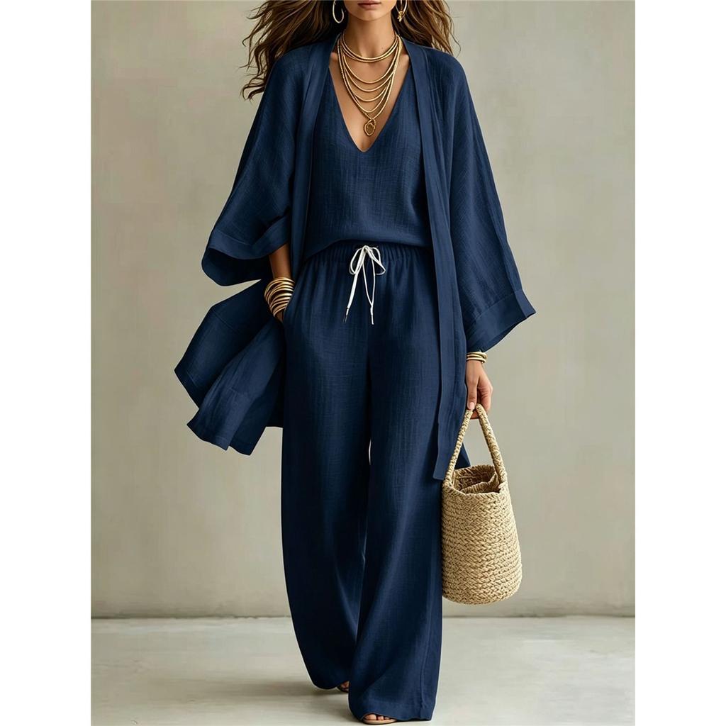 Women 3 Piece Linen Outfit Kimono Sleeve Open Front Cardigan V Neck Cami Top Drawstring Wide Leg Pants Boho Beach Matching Set