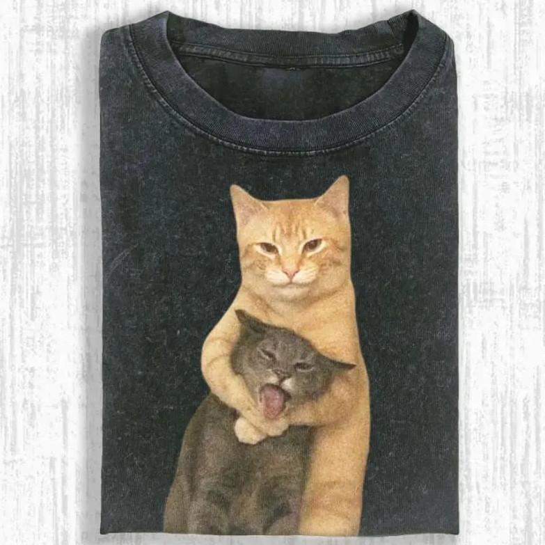 Vintage Wash Funny Cat Meme Shirt, Chaotic Hugging Cats Tee, Stupid Brainrot Cat