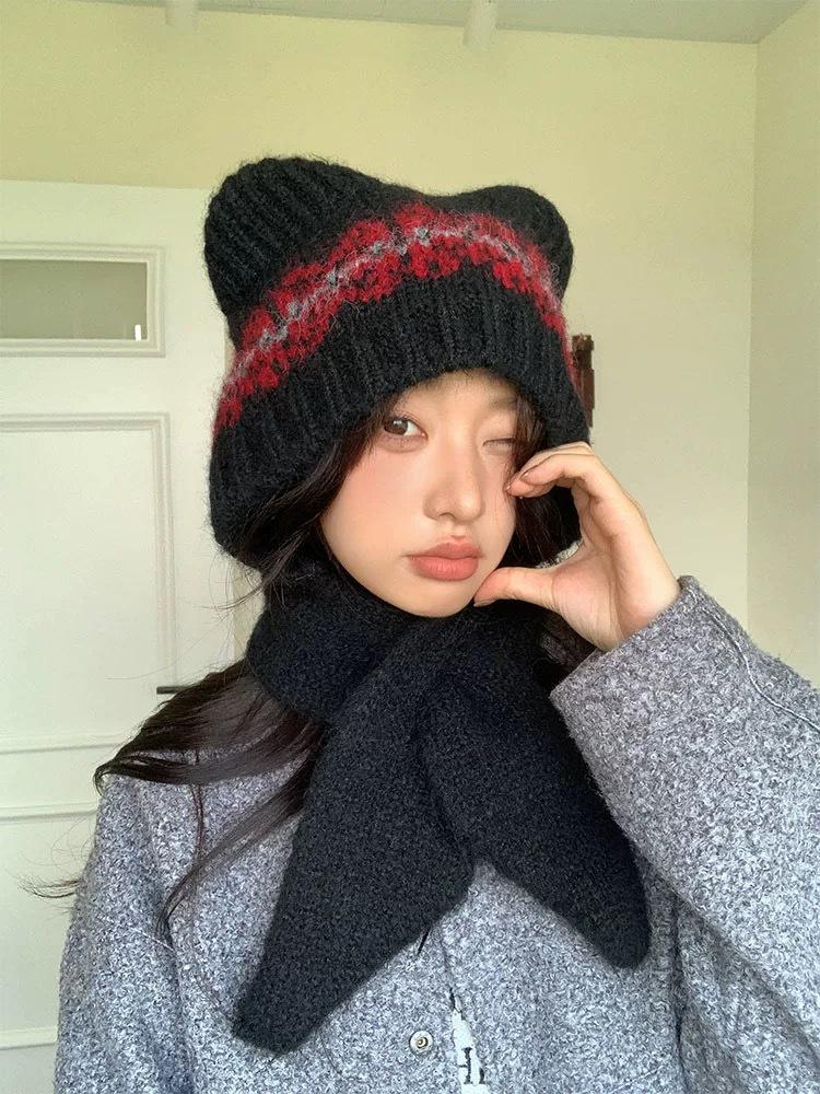 Женский милый комплект шапка и шарф с мишкой из смесовой шерсти - Зимний теплый, стройнящий и вязаный с ушками.