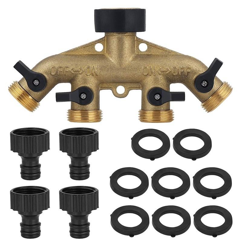 4-Way Brass Water Splitter with Shut-off Valves, EU Standard Garden Tap Connector, High Pressure Hose Distributor Set