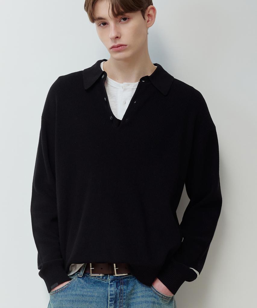 TMAKER Essential Collar Button Knit Bk