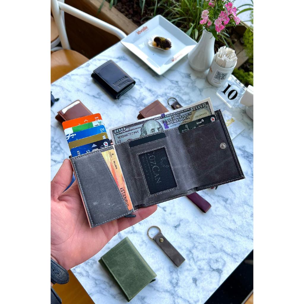 Унисекс черный кошелек из натуральной кожи с механизмом - (Специально для имени) - (Подарок на брелок из натуральной кожи)