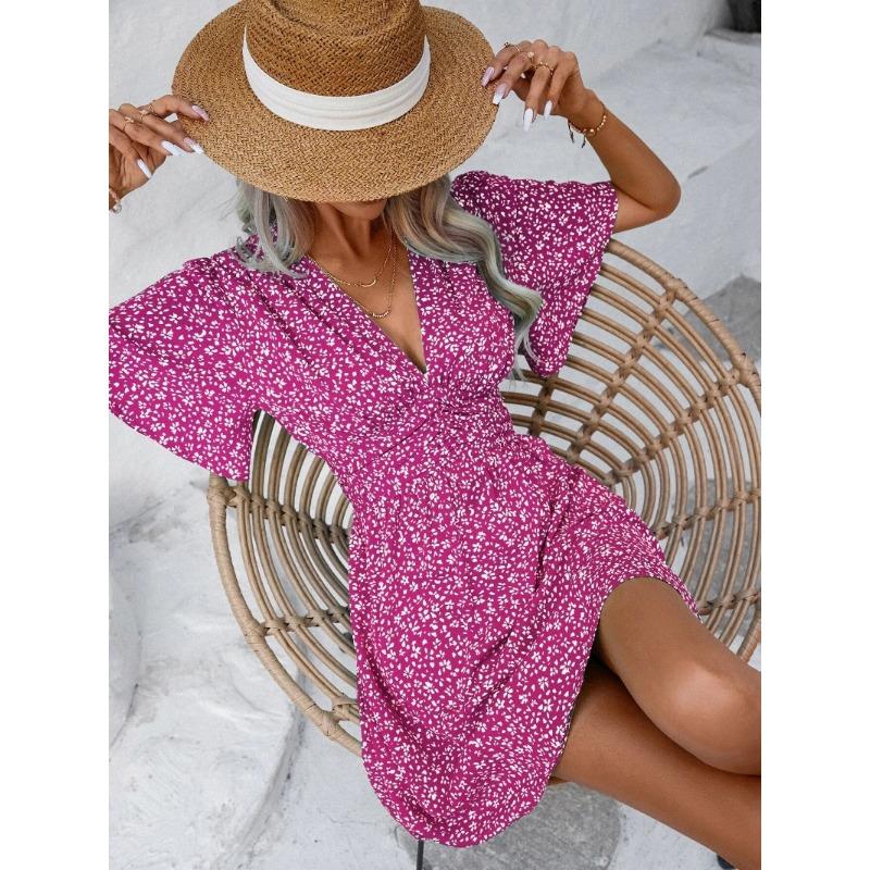 YYFS Women's Fashion Summer Spring Flower Pattern Print Short Sleeve V-Neck High Waist Casual Dresses