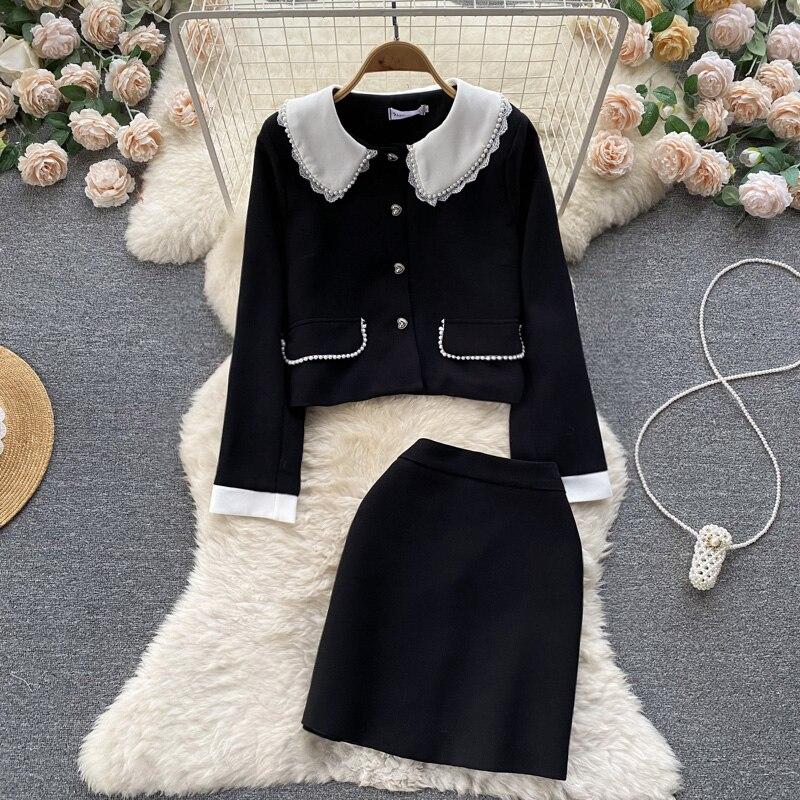 Autumn And Winter French Small Incense Wind Short Retro Temperament Tweed Top + A-Line Short Skirt Two-Piece Set