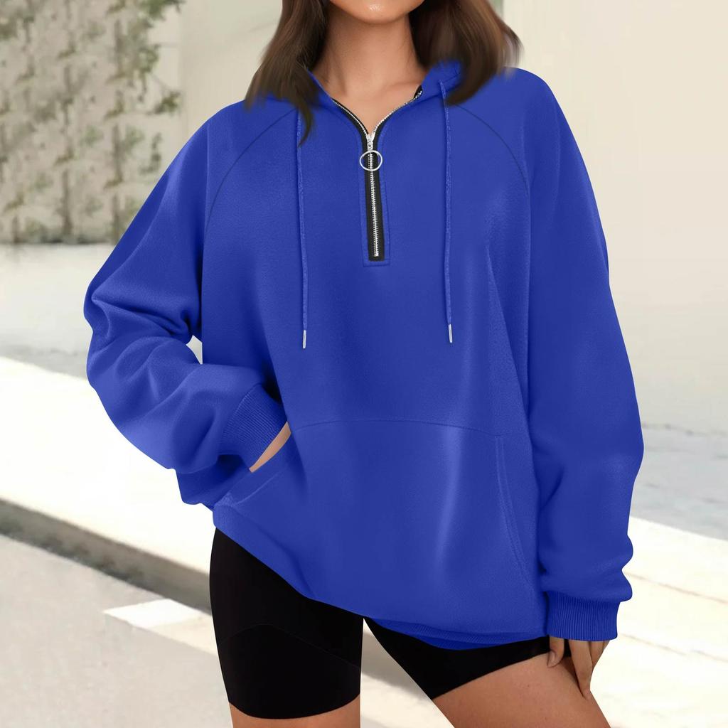 Women's Casual Fashion Long Sleeve Solid Color Zip Hooded Sweatshirt Top With Pocket