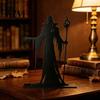 Dark Wizard Silhouette Ornament Wooden Gothic for Halloween Tabletop Decoration, Black Hollow Craft Windowsill Witch Statue with Scepter Home