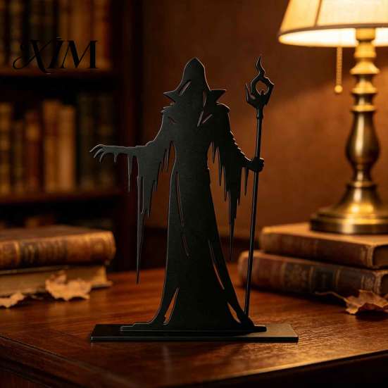 Dark Wizard Silhouette Ornament Wooden Gothic for Halloween Tabletop Decoration, Black Hollow Craft Windowsill Witch Statue with Scepter Home
