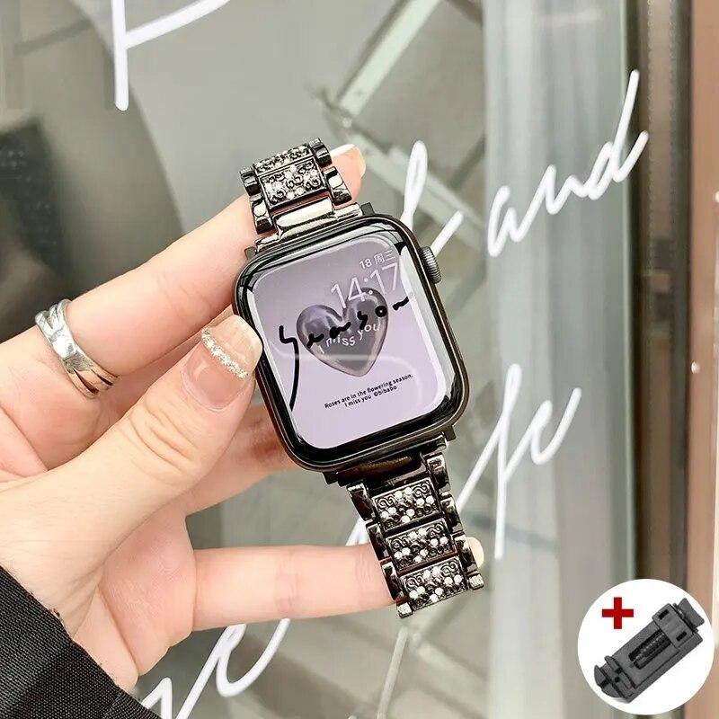Чехол с бриллиантами + ремешок для Apple Watch Series 8, 7, 41 мм, ультра, 49 мм, 45 мм, ремешок из нержавеющей стали для iwatch 9 se 6, 5, 4, 3, 40 мм, 44 мм, 38 мм, 42 мм, металлический ремешок для часов