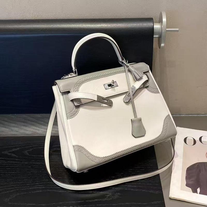 2025 New Leather Women's Bag First Layer Cowhide 28cm Lace Bag Double Shoulder Strap Handbag Cross-border Wholesale