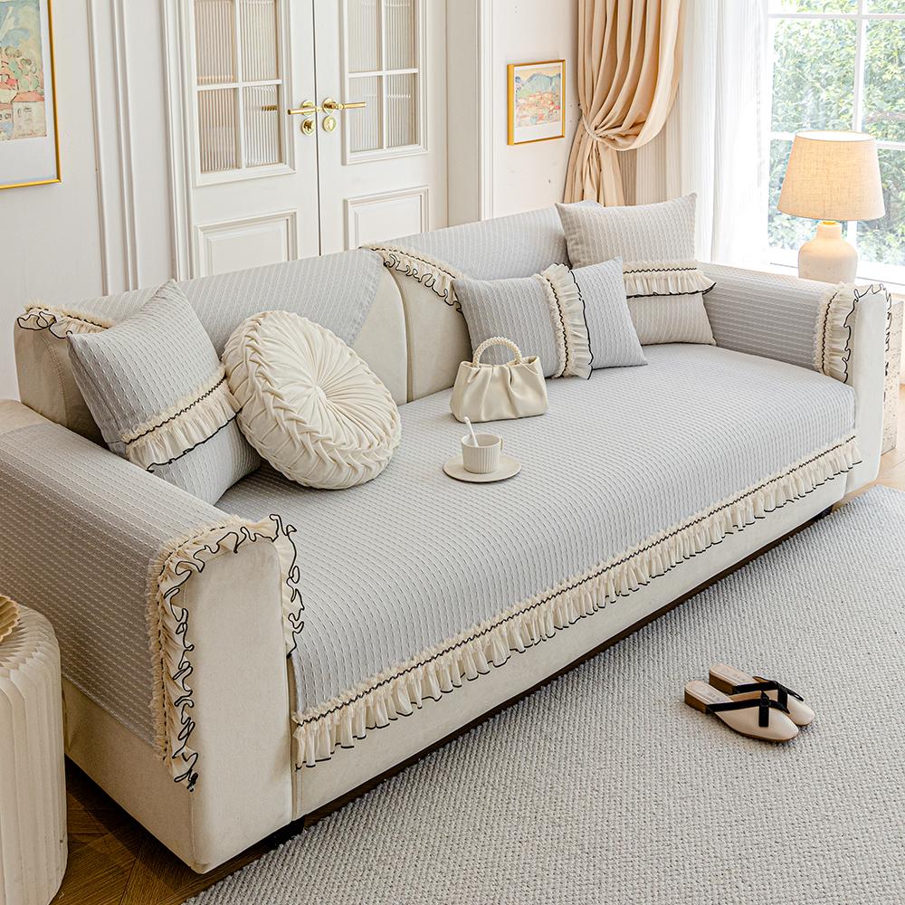 Modern Quilted Lace-Embellished Sofa Covers,Compatible with Various Sofa Types (Armchair, Loveseat, 3-Seater, 4-Seater Sectional