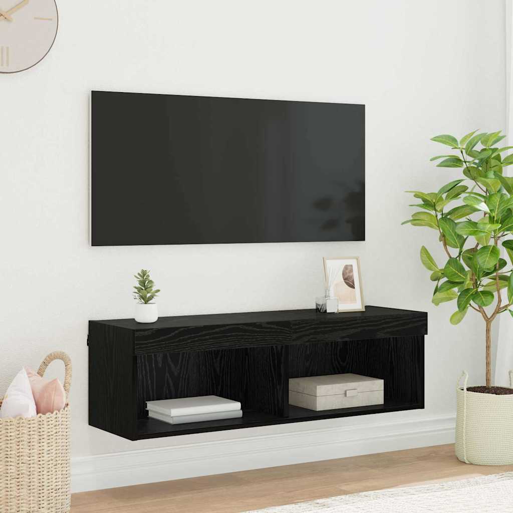 Wall Mounted TV Cabinet with LED Lighting Black Oak Effect 100 x 30 x 30 cm
