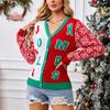 Женская мода Красный Санта-Клаус Длинный рукав V-образный вырез свитер кардиган