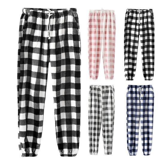 Winter Pajama Pants Thick Plush Elastic Waist Plaid Print Loose Keep Warm Leg-Binding Design Unisex Homewear Trousers Solid Color Lounge Bottoms