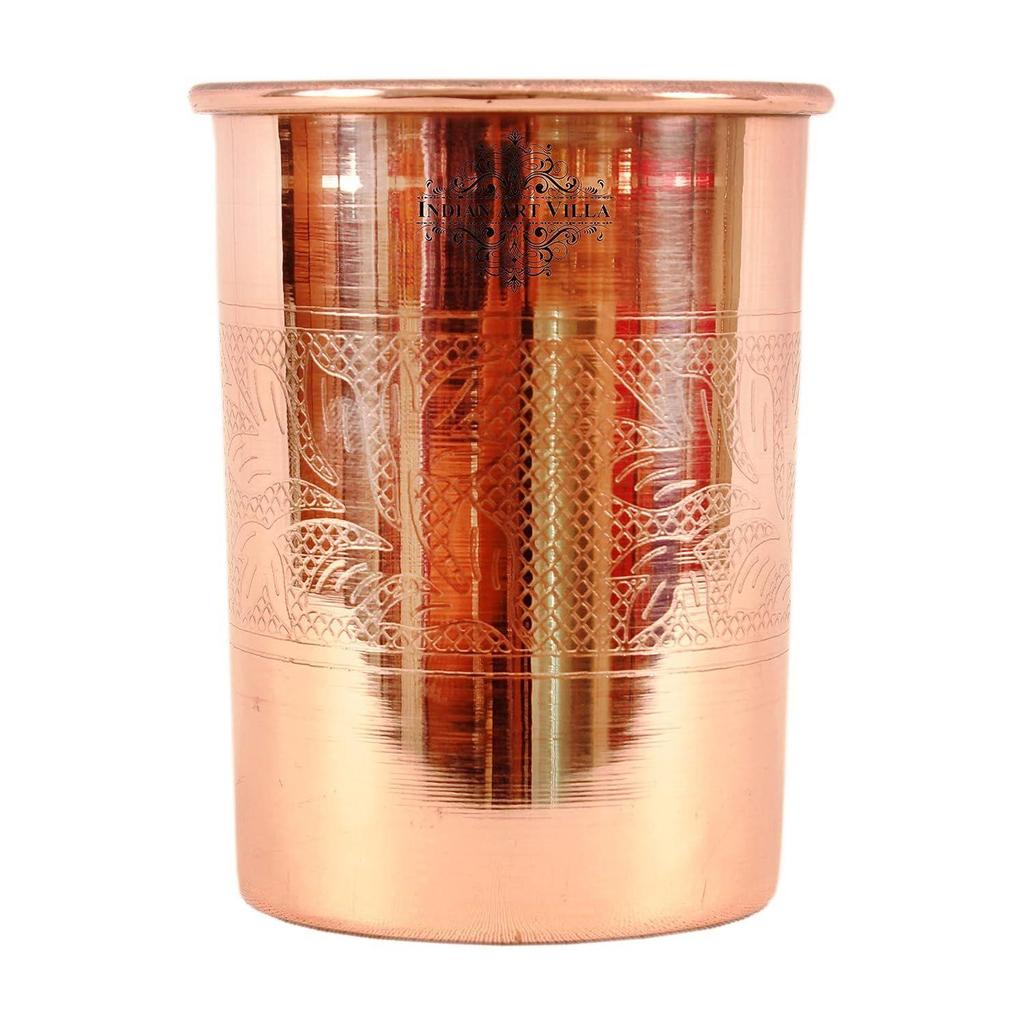 Copper Water Glasses with Embossed Design, Drinkware & Serveware, Ayurvedic Health Benefits, 300 Ml Capacity, Set of 6