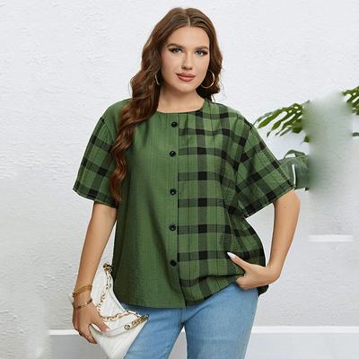 Летняя женская футболка с коротким рукавом и круглым вырезом, дышащая легкая свободная футболка, повседневная стильная футболка с решетчатым дизайном больших размеров