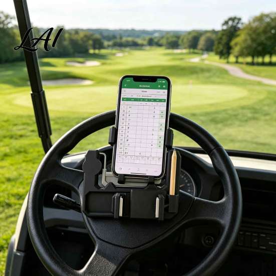 Universal Golf Cart Phone Stand Steering Wheel Holder with Pencil Slot Flip-Up Cell Mount Mount Accessories Gift for Men Women Golfer Portable